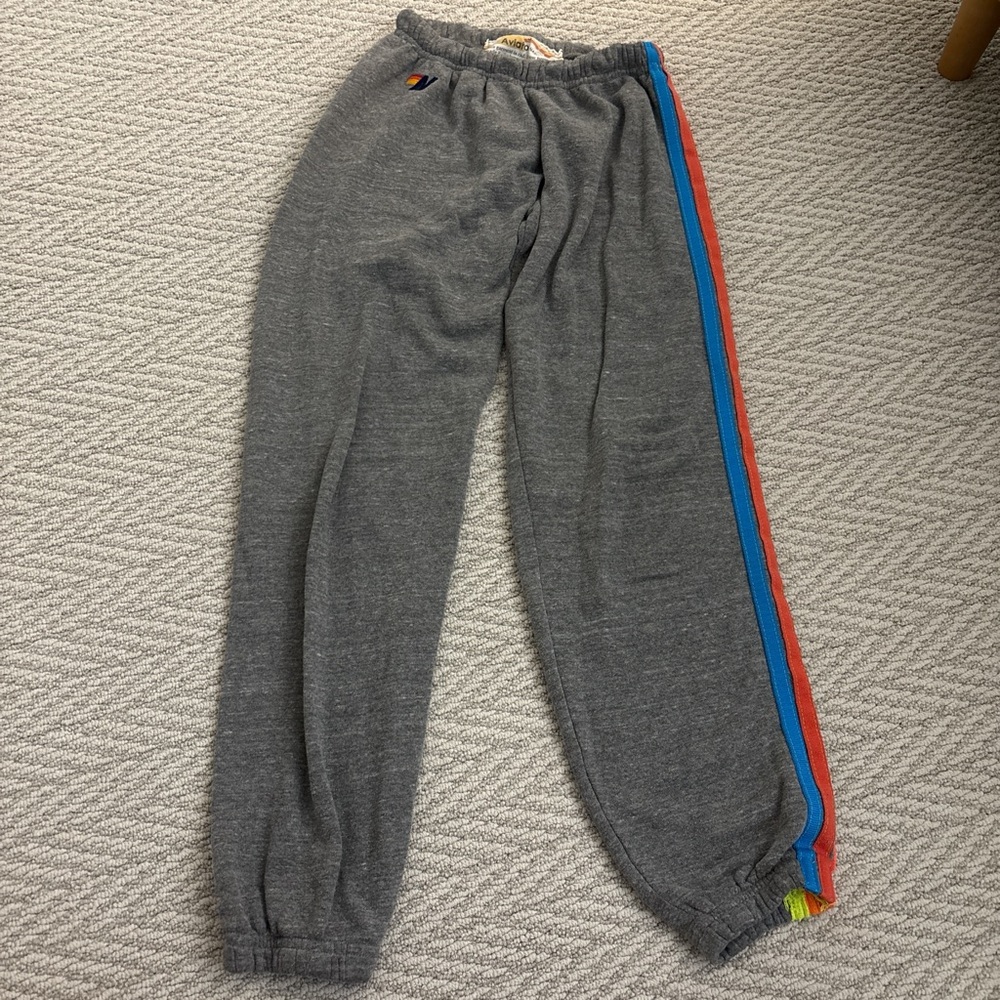 Aviator Nation Gray Joggers with Blue and Red Stripes